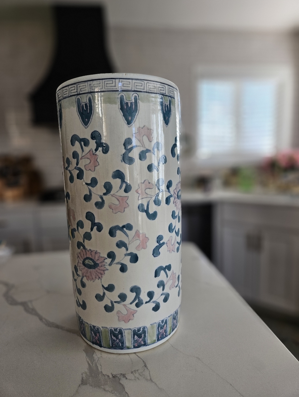 Vintage Hand Painted Pink and Blue Umbrella Stand Chinoserie Style